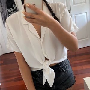 Dynamite - Tie Front Button Up Crop White Blouse